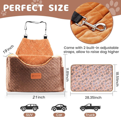 Memory Foam Booster Dog Car Seat with Washable Removable Cover, Elevated Pet Car Seat, Anti-Slip Sturdy Booster Seats for Small Dogs 35lbs, Seat Belt, Storage Pocket, Dog Blankets