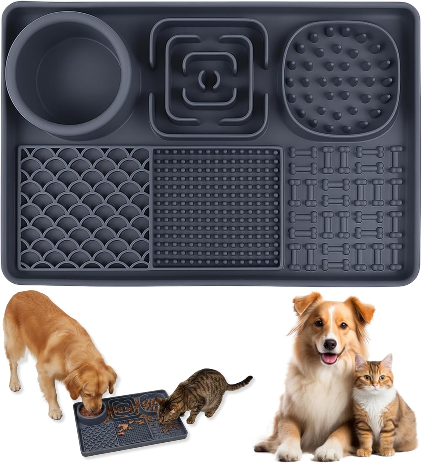 Lick Mat for Cats, Dog Anxiety Relief Slow Feeder with Suction Cups, Non-Slip Silicone Dog Enrichment Treat Mat, Easy to Clean Cat Puzzle Feeder, Lick Mats for Dogs Cats, Grey, 12"x8"