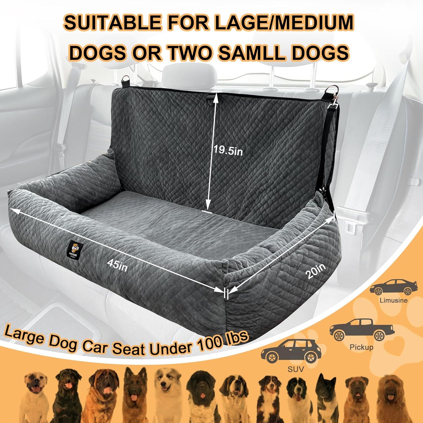Large Dog Car Seat Under 100LBS,Dog Car Bed with Safety Tethers/Storage Pocket,Only for Back Seat-Gray