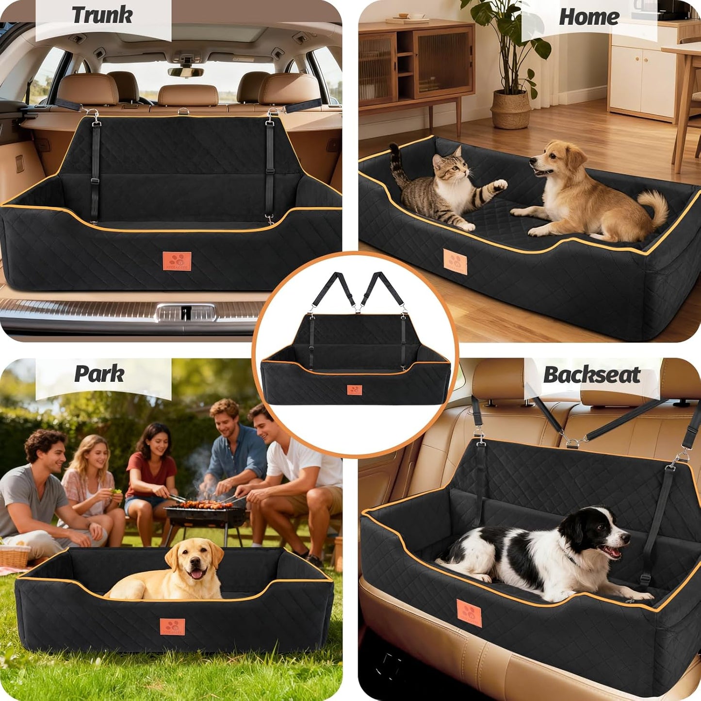 Large Dog Car Seat for Dods Under 100 Lbs, Memory Foam Dog Car Bed for Backseat & Trunk, Detachable and Washable Cover, Pet Travel Seat with Storage Pockets, 2 Safety Belts