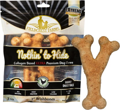 Fieldcrest Farms Nothin' to Hide Collagen-Based Dog Chews, Wishbone, Chicken Flavor, Ultra-Premium, for Dogs Over 50lbs, Easily Digestible, Supports Skin, Coat, Joints & Muscles, 7-Inch, 2 Pieces