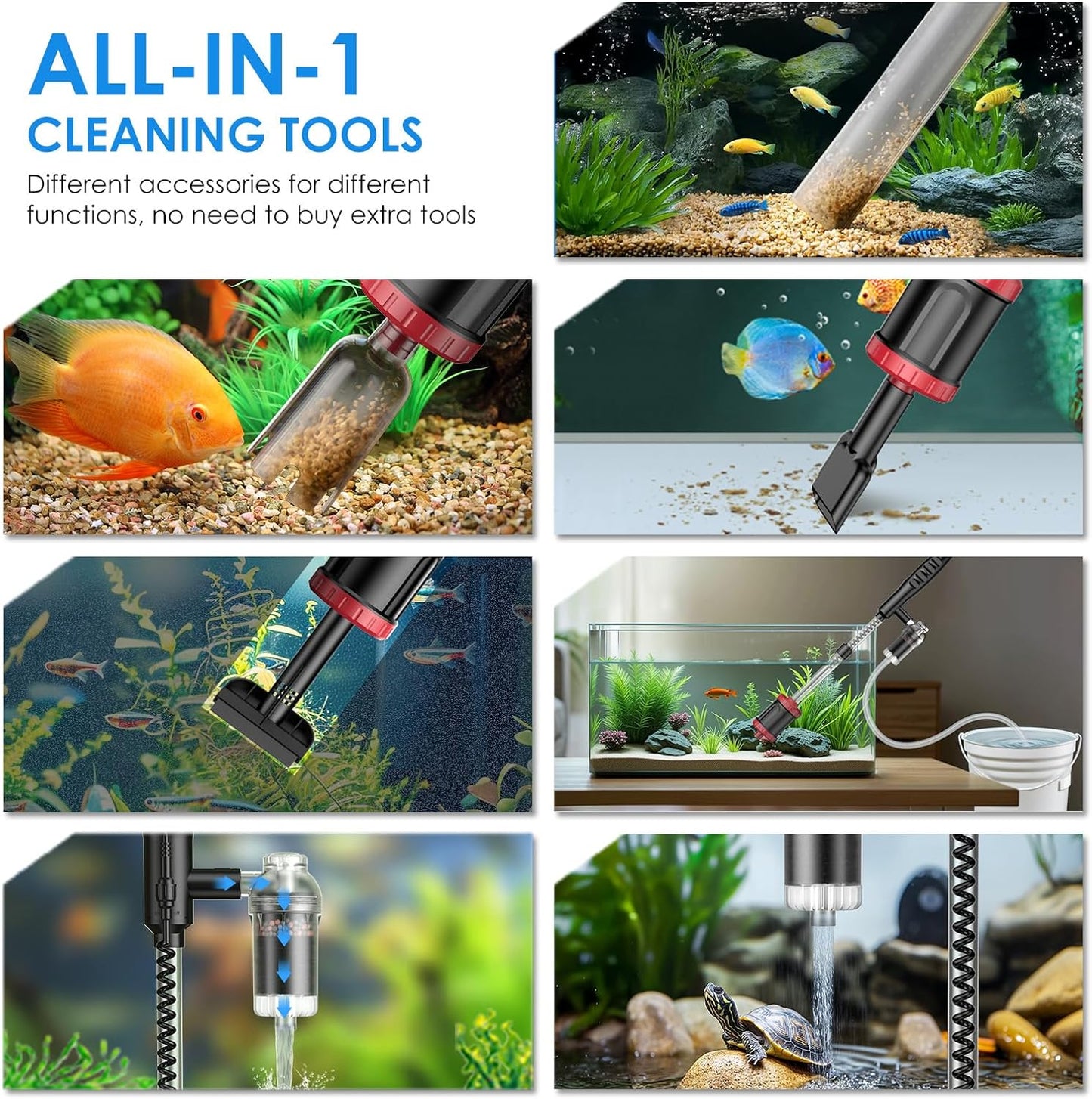 36W Electric Aquarium Vacuum Gravel Cleaner: Fish Tank Vacuum Gravel Cleaner with Strong Suction for Automatic Water Change Algae Remover Sand Wash Water Shower and Water Circulation, Timed Off