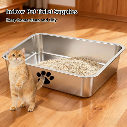 Stainless Steel Cat Litter Box with Cat Litter Scoop,Metal Kitty Litter Pan,Kitty Shallow Litter Box for Small Animals Cats Kitty,Rabbits Toilet,Easy to Clean,Non Stick