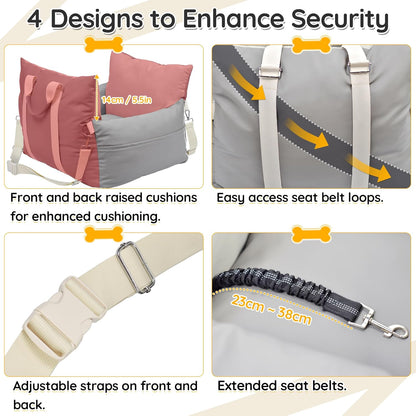 Leather Dog Car Seat for Small Dogs, Dog Booster Seat with Storage Pocket and Clip-On Safety Leash, Water/Scratch Resistant Both Indoor and Outdoor Use