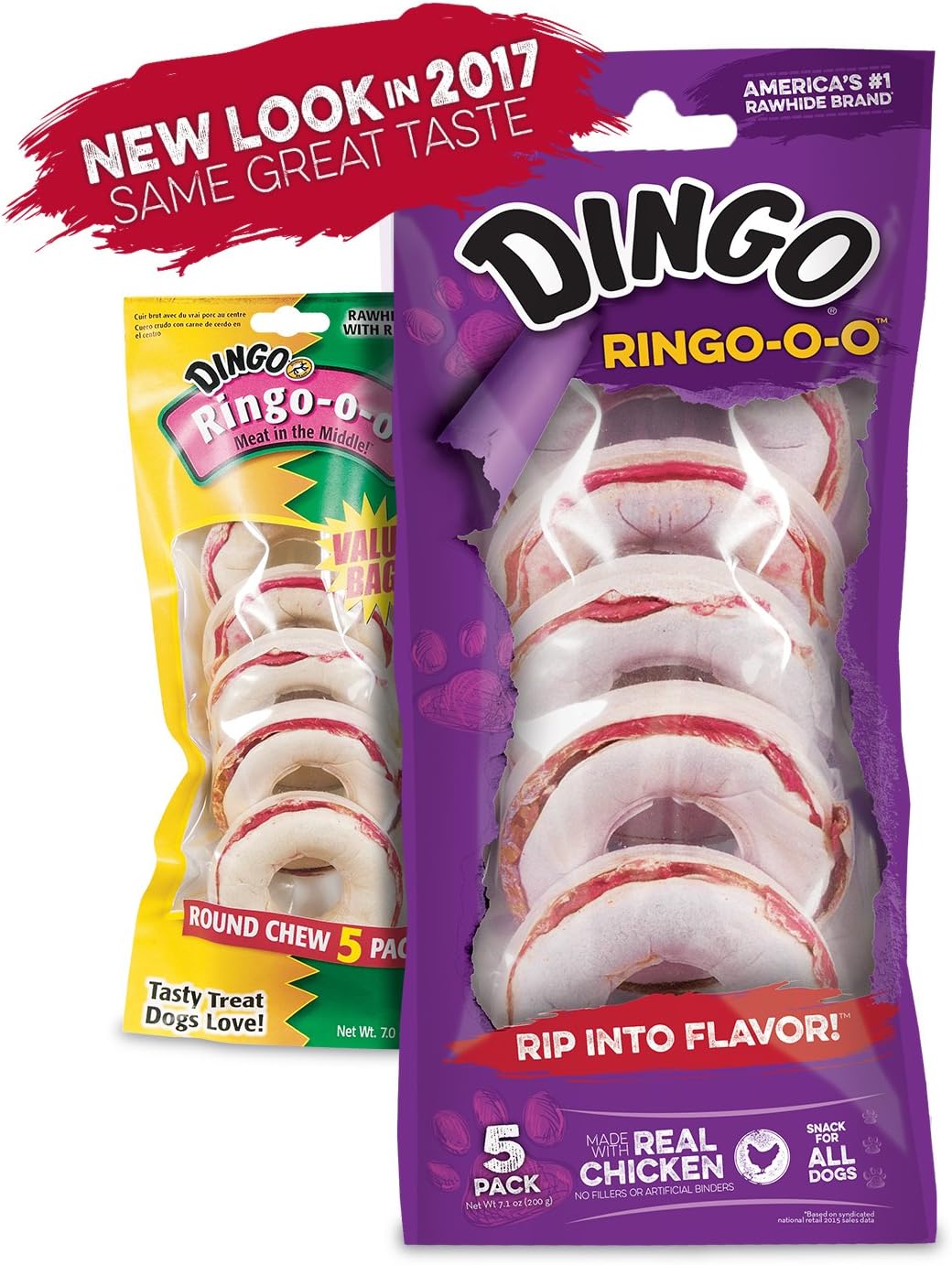 Dingo Ringo-o-o, Premium Rawhide Treats with Real Meat for Small, Medium, and Large Dogs 5-Count