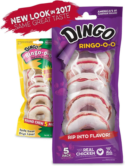 Dingo Ringo-o-o, Premium Rawhide Treats with Real Meat for Small, Medium, and Large Dogs 5-Count