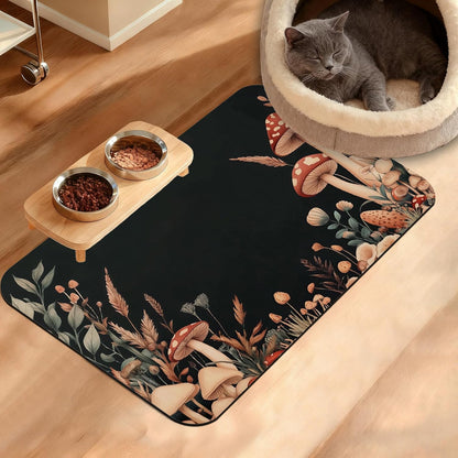 Vintage Mushroom Dog Food Mat,Leaf Absorbent Pet Feeding Mat for Food and Water Bowl,Quick Dry Dog Placemat Non Slip Rubber Backing Waterproof Pet Supplies 16" x 24"