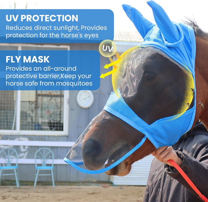 Fly Masks for Horses with Ears and Nose Cover Large Eye Space, Adjustable Horse Fly Mask for Daily UV Protection Breathable Comfort Fit Riding & Competition(Blue, L)