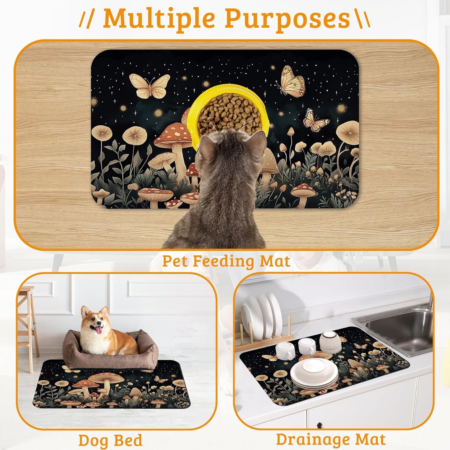 Fantasy Mushroom Dog Cat Food Mat,Butterfly Stars Absorbent Waterproof Placemat for Food and Water Non Slip Rubber Backing Durable Feeding Pad for Clean Floors 16" x 24"