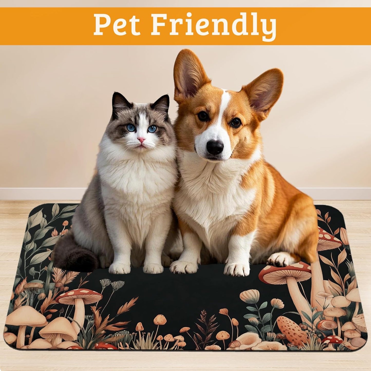 Vintage Mushroom Dog Food Mat,Leaf Absorbent Pet Feeding Mat for Food and Water Bowl,Quick Dry Dog Placemat Non Slip Rubber Backing Waterproof Pet Supplies 16" x 24"