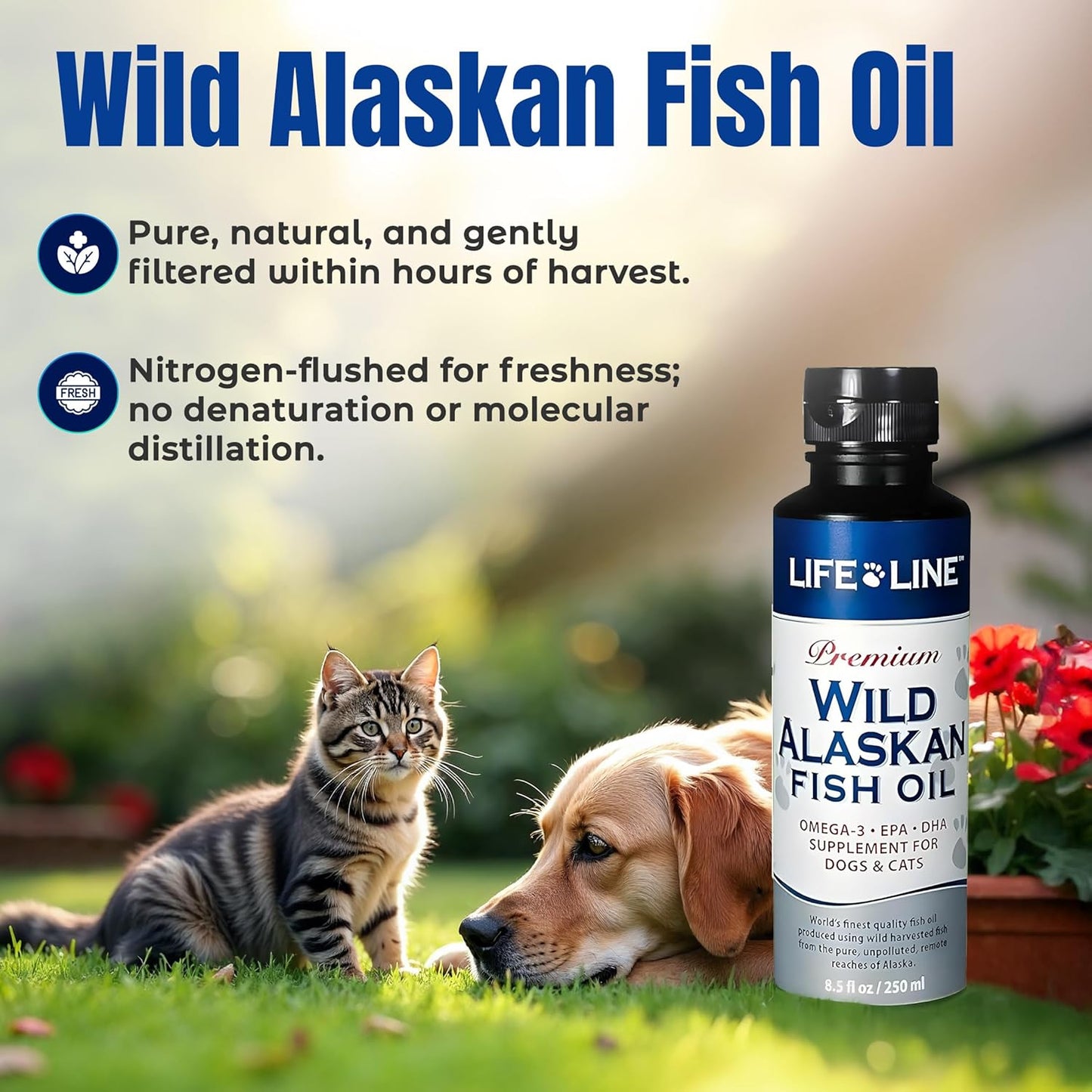 Life Line Pet Nutrition Wild Alaskan Fish Oil Omega-3 Supplement for Skin & Coat – Supports Brain, Eye & Heart Health in Dogs & Cats, 8.5oz