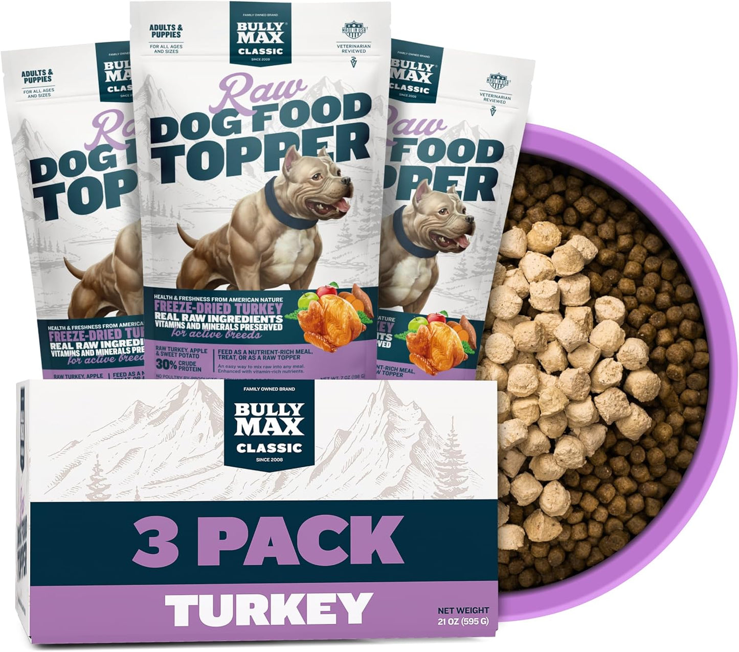 Bully Max Freeze-Dried Turkey Raw Dog Food Toppers for Puppies and Adult Dogs - Nutrient-Rich Meal Enhancers with Vitamins & Minerals for Small and Large Dog Breed - 3 Pack Puppy Treat or Dog Meal