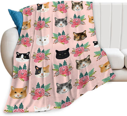 Pink Cat Blanket Gifts for Girls Women Cute Cats Fleece Blankets Soft Warm Animal Flowers Throw Cozy Flannel Plush Stuff Throws for Kids Adults Bed Couch Bedding Decor 50"x40"