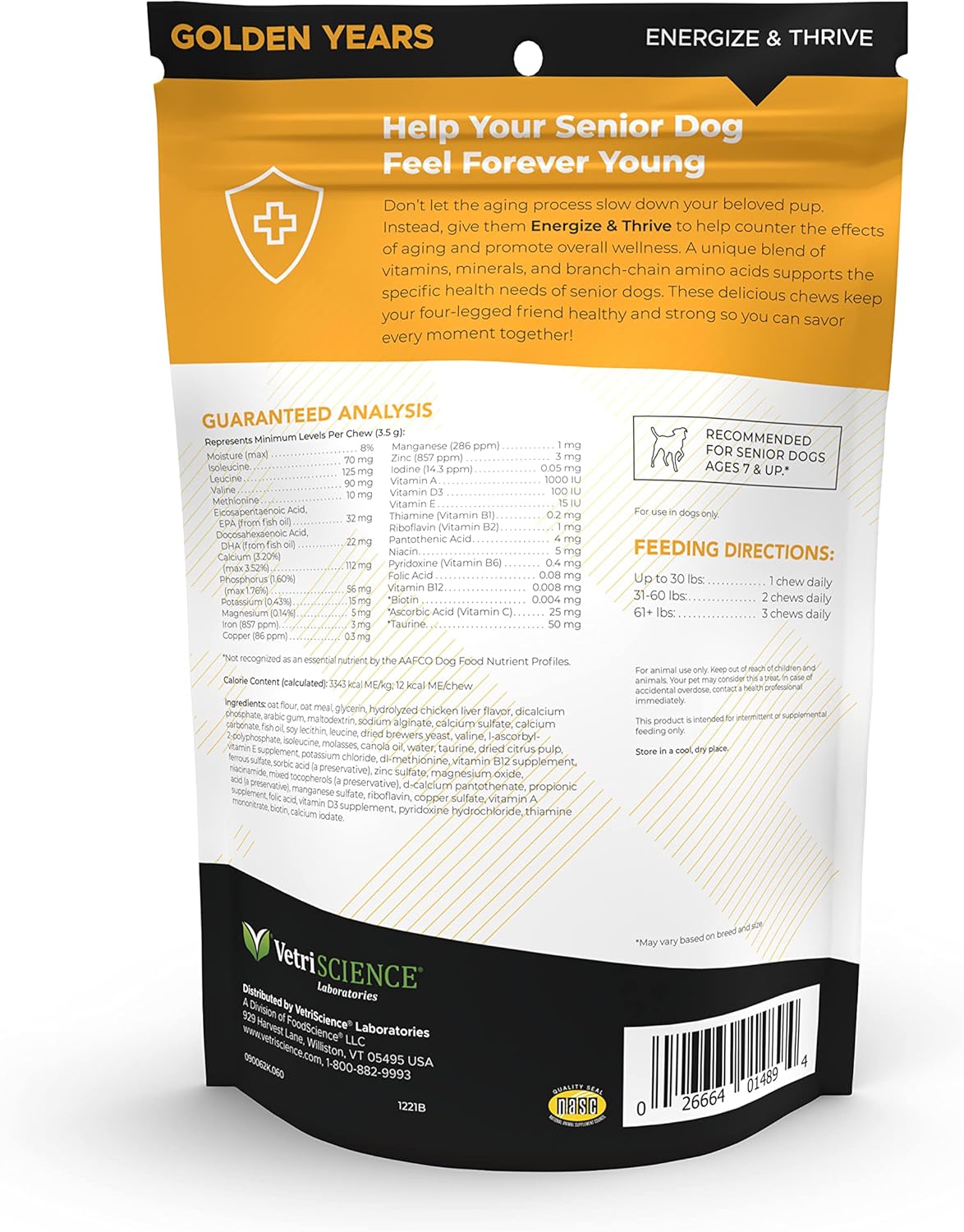 VetriScience Extra Strength Senior 27+ Active Health Chews, Golden Years Daily Multivitamin for Senior Dogs, Balanced Vitamins, Minerals, and Omega-3s, Aging and Wellness Support, Chicken, 60 Count