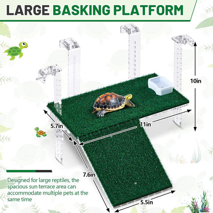 Adjustable Hanging Turtle Basking Platform with Artificial Grass 11 x 5.7 Inch Sturdy Acrylic Aquatic Reptile Ramp Dock Fits 0.3"-2" Thick Tank Salamander Frog Turtle Tank Accessories