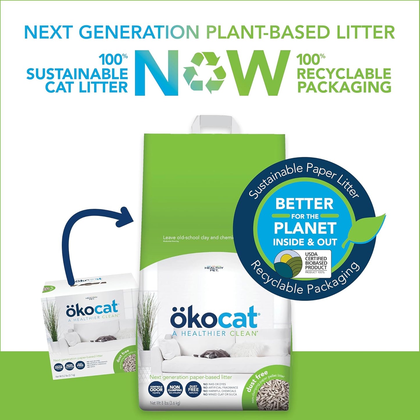 ökocat Dust Free Non-Clumping Paper Pellet Cat Litter, Unscented, 8 pounds - Natural Ingredients, Controls Odor, Dust Free, Great for Homes with Allergies, Postsurgical Needs