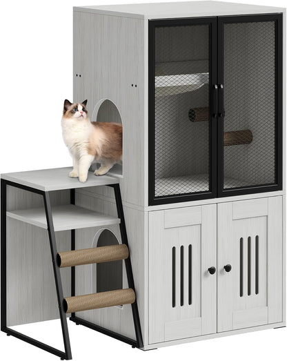 Cat Litter Box Enclosure, Double Layer Enclosed Litter Box Furniture with Door, Cat House with Ladder, White