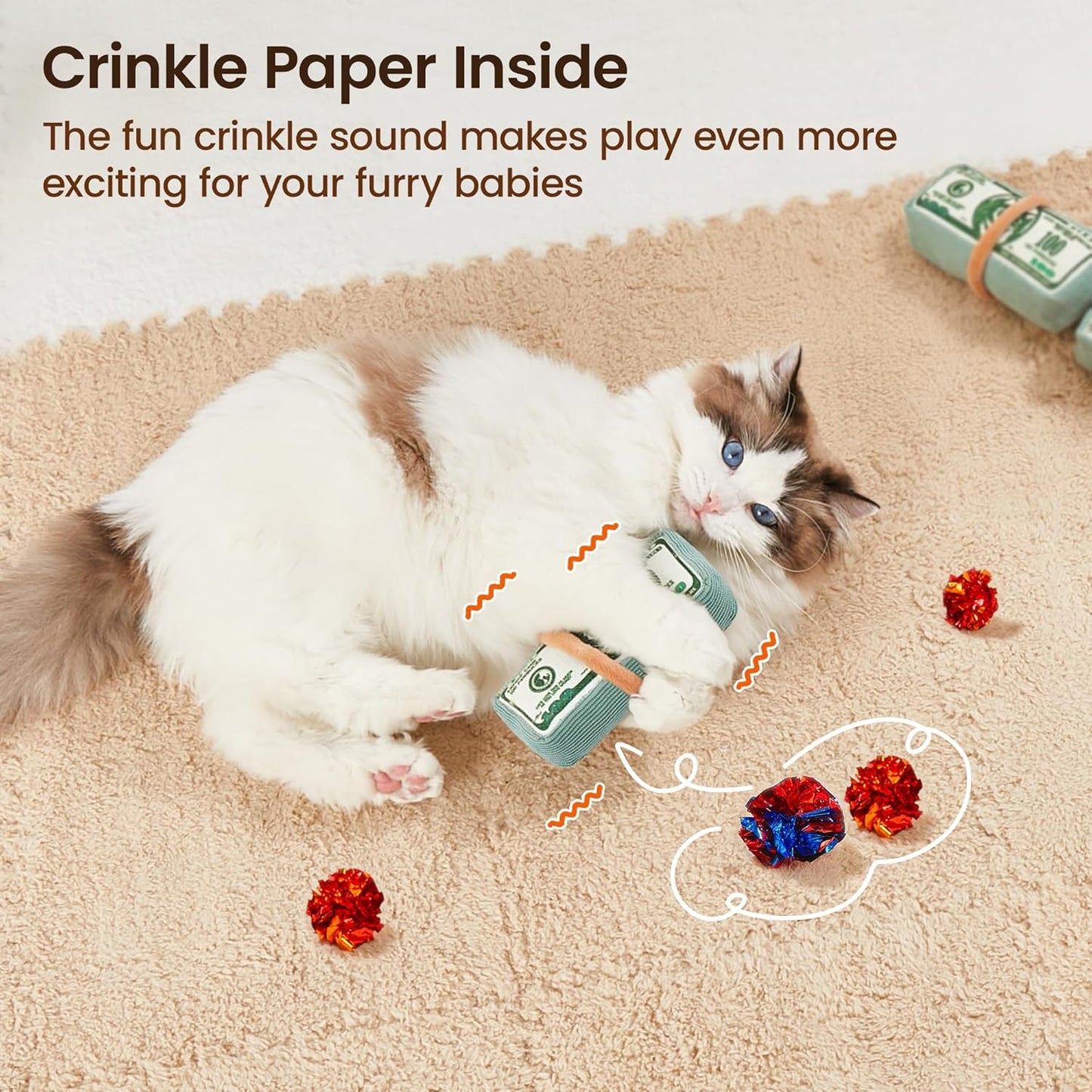 Potaroma Cat Toys US-Dollar Catnip Crinkly Sound Toy, Mesh Fabric for Teeth Cleaning, Interactive Kicker Toys for Indoor Kitten Exercise 6.0 Inches for All Breeds