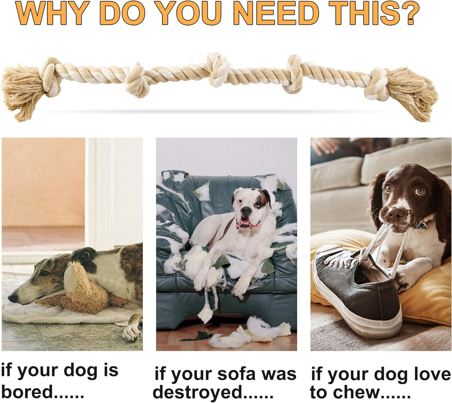 Fida Dog Rope Toys for Large/Medium Aggressive Chewers, Tough Cotton Chew Toy, 3 Feet 5 Knots Indestructible, Tug of War Dog Pull Rope Teeth Cleaning