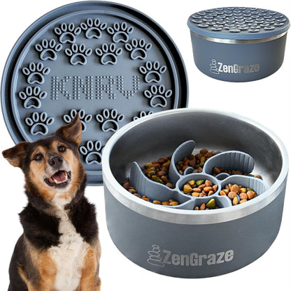 Slow Feeder Dog Bowl with Premium Lick Mat Lid | Heavy Duty Stainless Steel Dog Bowls | Silicone Slow Feeder Insert | Non-Slip & Durable | 64 oz | Medium to XL Dogs (Steel Gray)