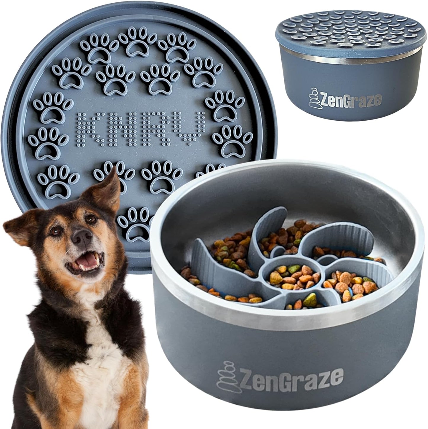 Slow Feeder Dog Bowl with Premium Lick Mat Lid | Heavy Duty Stainless Steel Dog Bowls | Silicone Slow Feeder Insert | Non-Slip & Durable | 64 oz | Medium to XL Dogs (Steel Gray)
