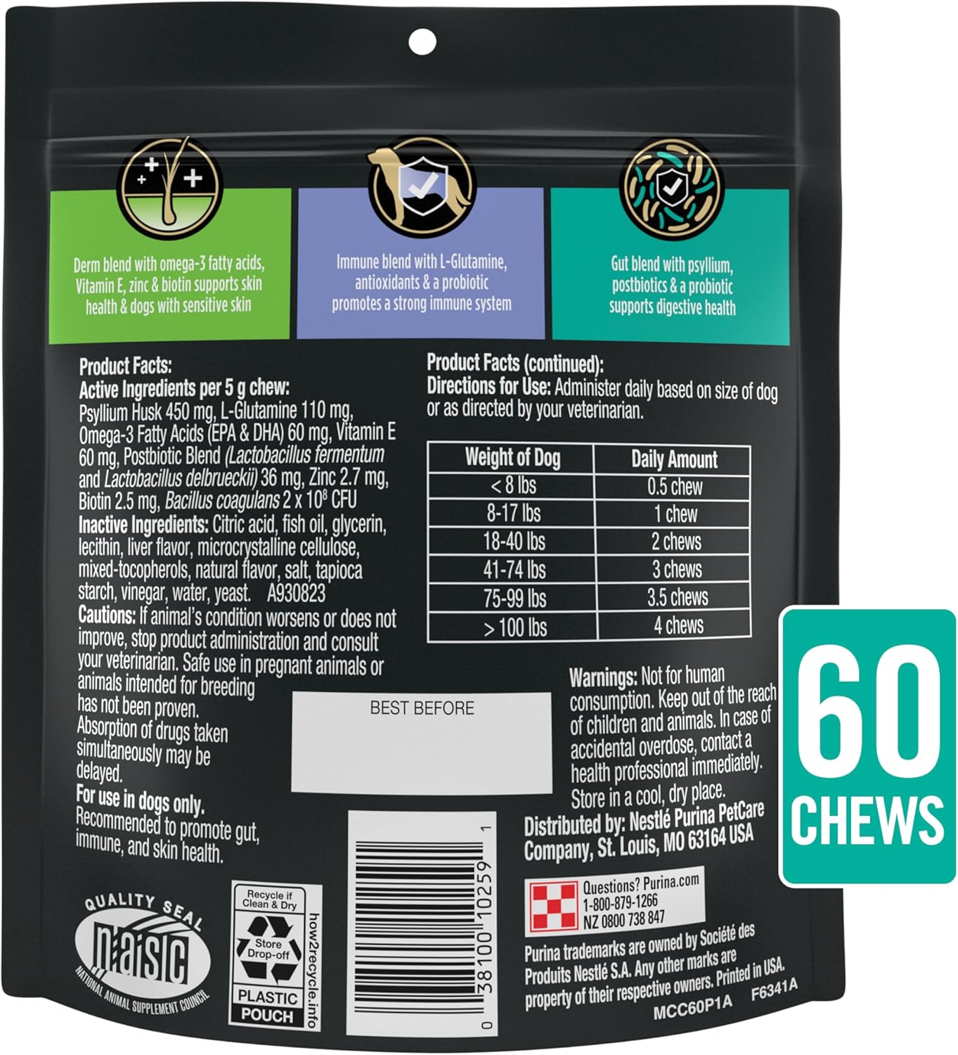 Purina Pro Plan Veterinary Supplements Multi Care Canine Chews for Dogs, with Omega 3, Supports Skin, Immune and Gut Health - 30ct Pouch