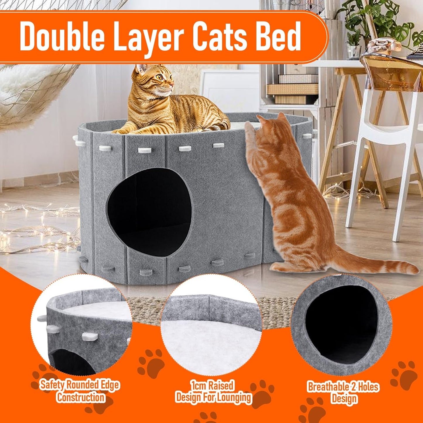 Cat House for Indoor Cats, Double Layer Cat Bed Cave, Large Space Cat Enclosed Bed for Home, Easy Assembly (Grey, Large)