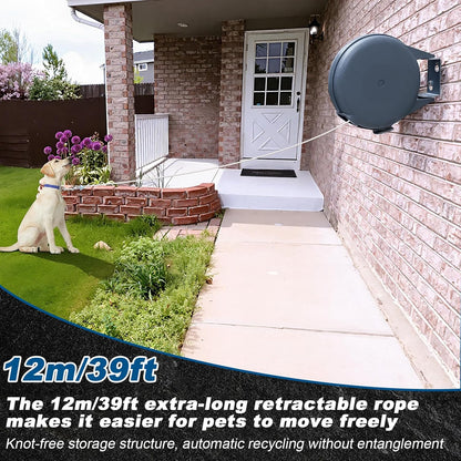 39ft Wall Mounted Retractable Dog Leash Extra Long Steel Cable with Length Lock, Anti Tangle Pet Leash for Medium Large Dogs up to 50lbs, Multi Purpose Outdoor Indoor Retractable Dog Tie