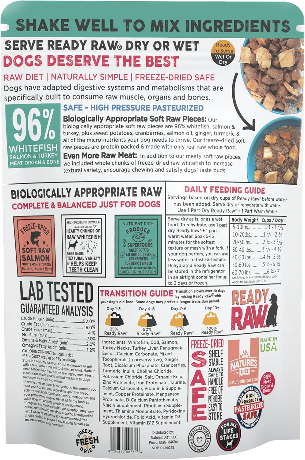 Nature's Diet Ready Raw : Freeze-Dried Raw Dog Food, Salmon & Whitefish, Human Grade, High Pressure Pasteurized (HPP), 96% Meat, Organ, Bone, Safe & Natural, Dry or Wet Feeding