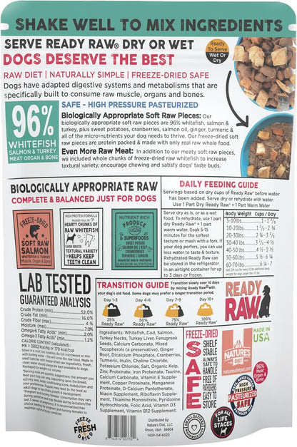 Nature's Diet Ready Raw : Freeze-Dried Raw Dog Food, Salmon & Whitefish, Human Grade, High Pressure Pasteurized (HPP), 96% Meat, Organ, Bone, Safe & Natural, Dry or Wet Feeding