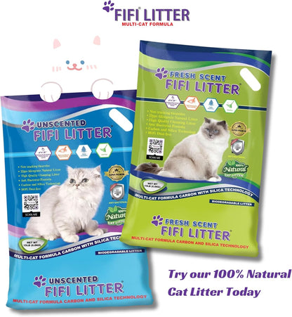 FIFI Litter®15-lbs. 99.9% Dust-Free, Non-Tracking,All Natural,Premium Multi-Cat Formula,Bentonite/Carbon/Silica, Hypoallergenic,Quick Clumping, Odor Control, Super Absorbent, Unscented.
