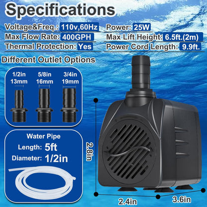 400GPH 10ft Power Cord Submersible Pump,Over Heating Protection Water Feature Pump with 6.5ft Lift for Fountains, Ponds, Aquariums & Hydroponics.