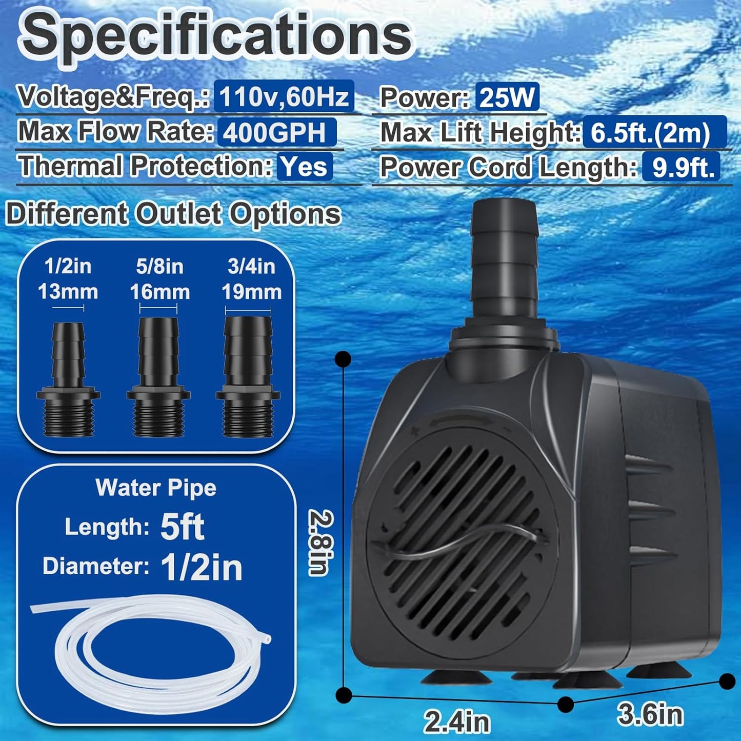 400GPH 10ft Power Cord Submersible Pump,Over Heating Protection Water Feature Pump with 6.5ft Lift for Fountains, Ponds, Aquariums & Hydroponics.
