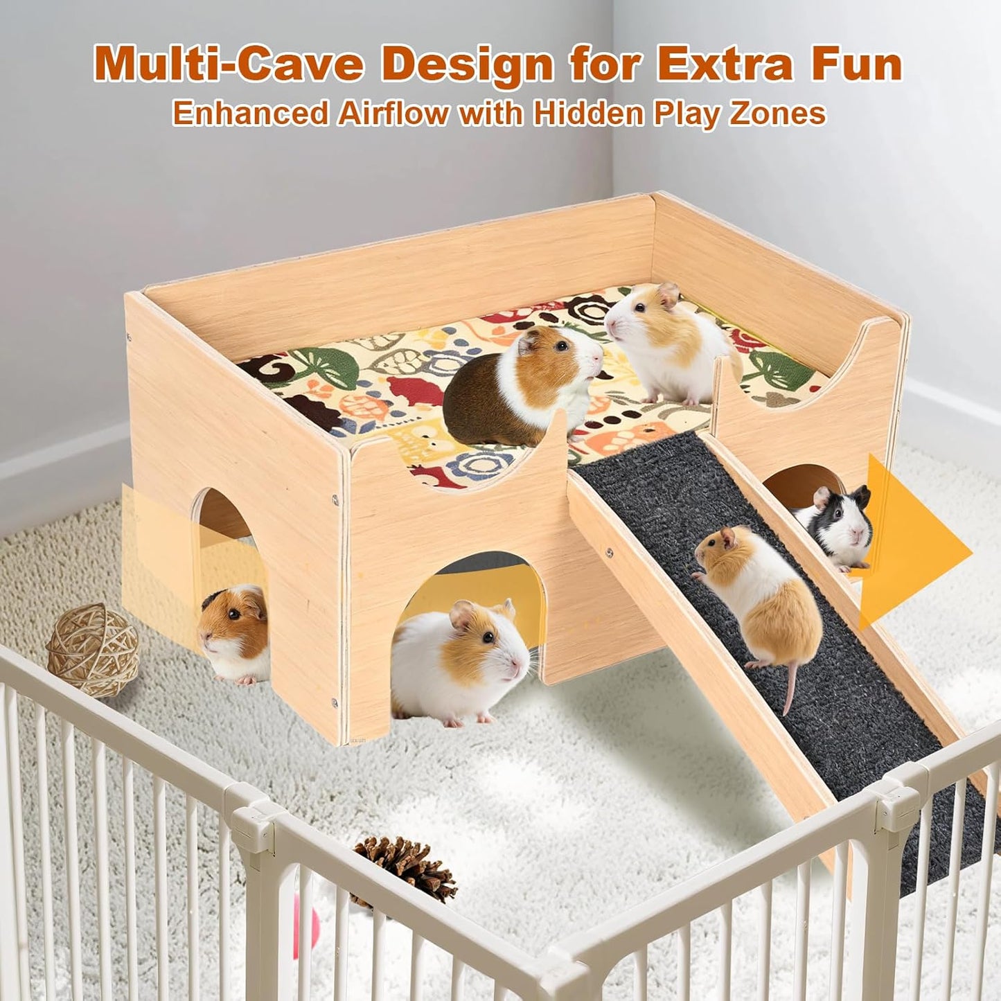 Wooden Guinea Pig Hideout, Multi-Cave Design Small Animal House, Guinea Pig Castle with Non-Slip Stairs and Double-Sided Mat