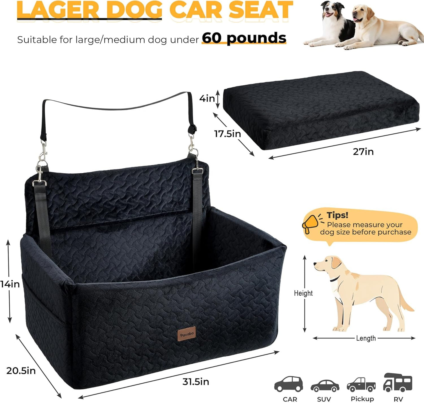 Dog Car Seat for Large Medium Dogs up to 60 lbs – Elevated Dog Booster Seat for Cars with Extra-Safe 14in High Front, Memory Foam Cushion, Washable Cover, Backseat Pet Car Bed (Black)