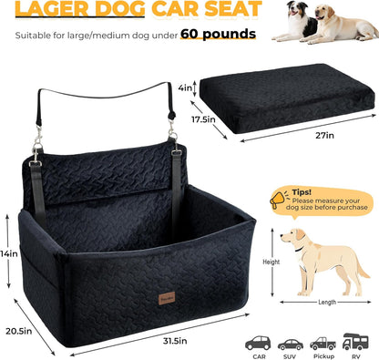 Dog Car Seat for Large Medium Dogs up to 60 lbs – Elevated Dog Booster Seat for Cars with Extra-Safe 14in High Front, Memory Foam Cushion, Washable Cover, Backseat Pet Car Bed (Black)