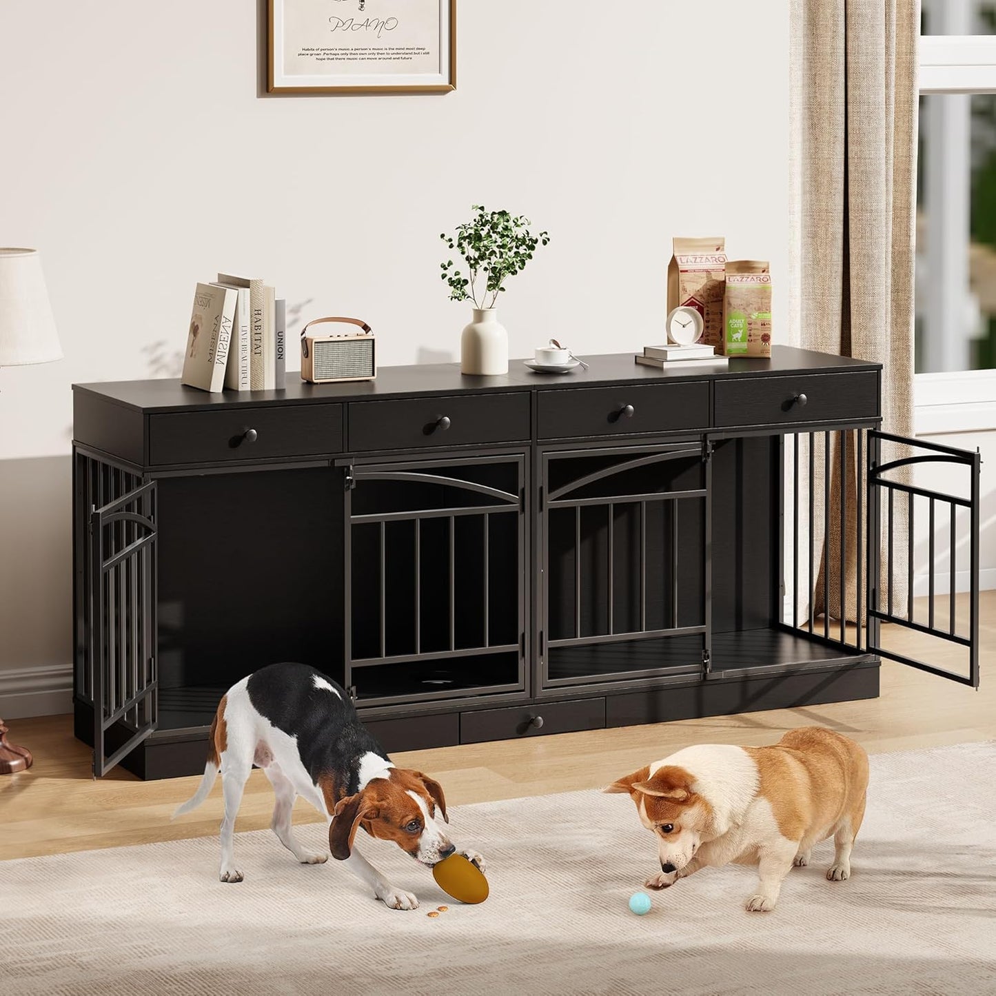 GarveeHome Dog Crate Furniture for 2 Dogs, Dog Kennel Indoor with 4 Storage Drawers and Feeding Bowls, Double Dog Crate TV Stand for Small Medium Dogs, Black