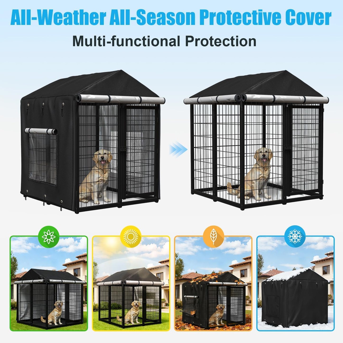 Outdoor Dog Kennel Cover for 4.2'Dx4.2'Wx4.5'H Crate with 3-in-1 Window, 600D Polyester Full Coverage & Silver-Coated Interior Waterproof Dog Crate Cover for Large Dog Cage Outdoor (Cover Only)