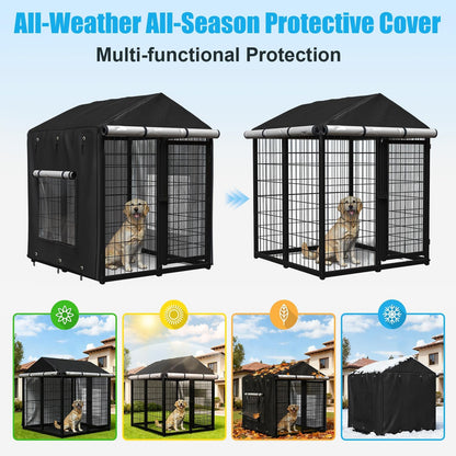 Outdoor Dog Kennel Cover for 4.2'Dx4.2'Wx4.5'H Crate with 3-in-1 Window, 600D Polyester Full Coverage & Silver-Coated Interior Waterproof Dog Crate Cover for Large Dog Cage Outdoor (Cover Only)