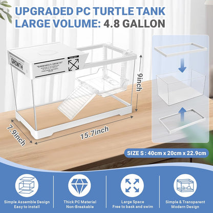 GOZILLA Aquatic Turtle Tank+Lamp+Filter Kit, Upgrade PC Turtle Tank Starter Kit with Adjustable 360°Lamp & Filter,Reptile Habitat Lid,Hanging Platform for Small Reptiles.(15.75×7.9×9''/White)