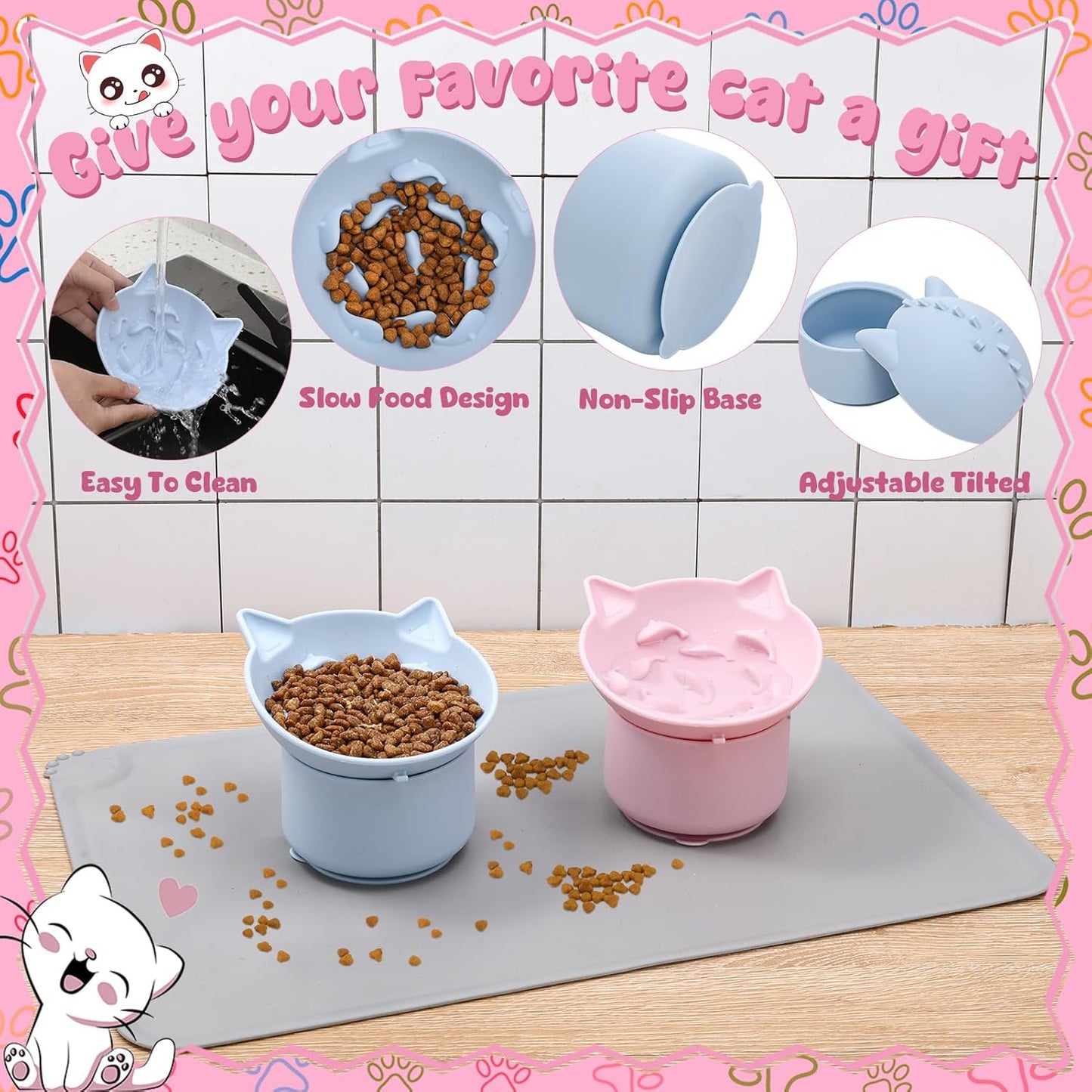 2 Pack Pink, Blue Slow Feeder for Cat Bowls, Silicone Tilted Raised Pet Bowl with Non Slip Base for Digestion Anti Vomit