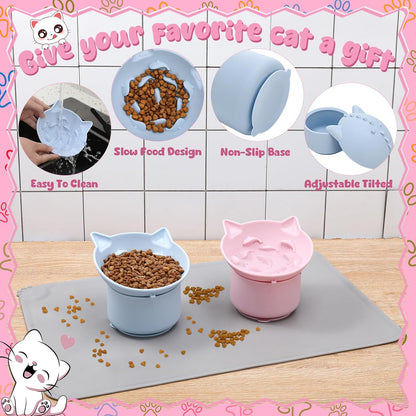 2 Pack Pink, Blue Slow Feeder for Cat Bowls, Silicone Tilted Raised Pet Bowl with Non Slip Base for Digestion Anti Vomit