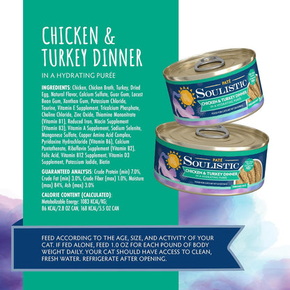 Soulistic Paté, Chicken and Turkey Dinner in a Hydrating Purée, 5.5oz Can, Pack of 8