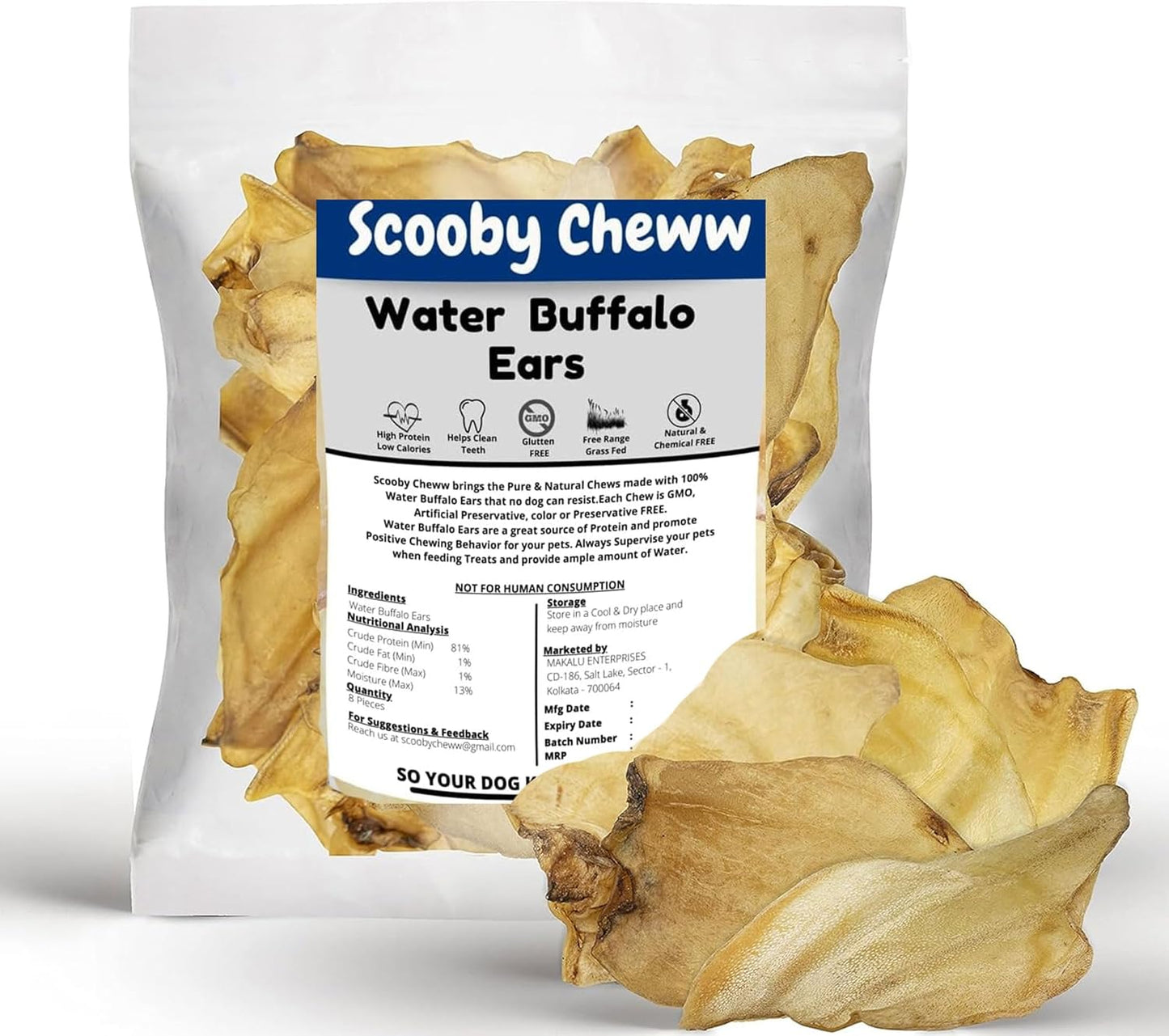 100% Natural Pet Treats 12 Pack Grass Fed Water Buffalo Ears for Dog Unbleached High Protein Beef Cow Ears for Dogs Safe Rawhide Dog Treat Suitable for Small, Medium & Large Breeds Dogs Chews