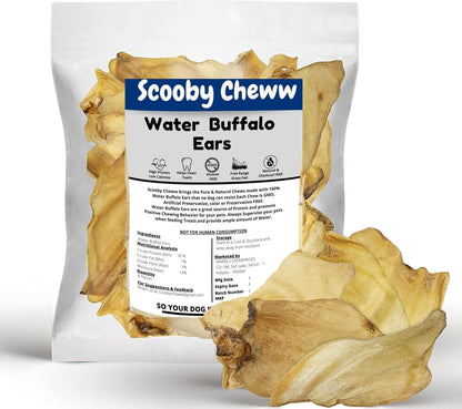 100% Natural Pet Treats 12 Pack Grass Fed Water Buffalo Ears for Dog Unbleached High Protein Beef Cow Ears for Dogs Safe Rawhide Dog Treat Suitable for Small, Medium & Large Breeds Dogs Chews