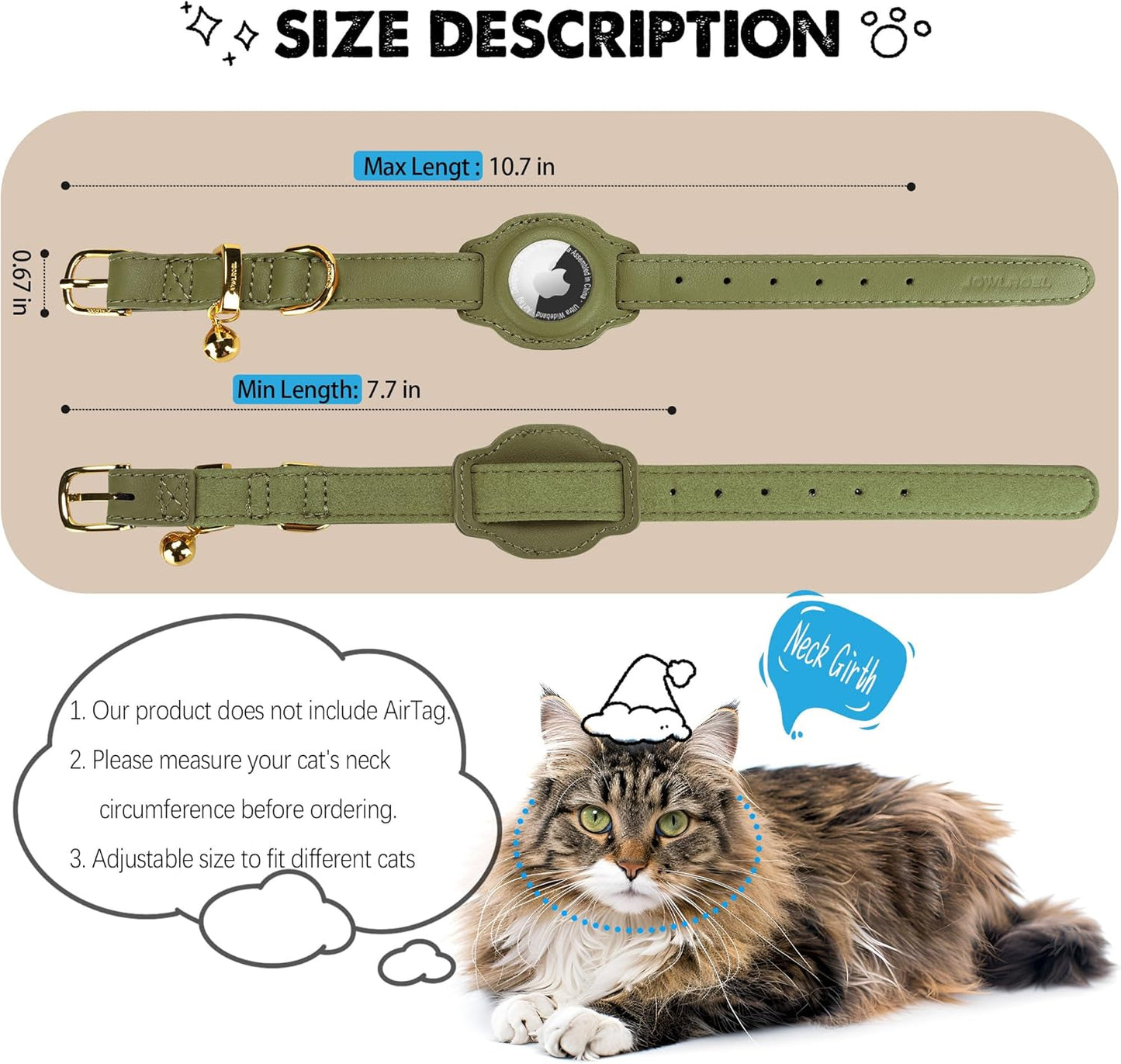 AirTag Cat Collar with Bell & Fabric Liner - Pet Collar Leather Cat Collar - Non Breakaway Leather Kitten Collar with AirTag Holder - GPS Cat Collars for Boy Cats, Girl Cats (Olive Green)