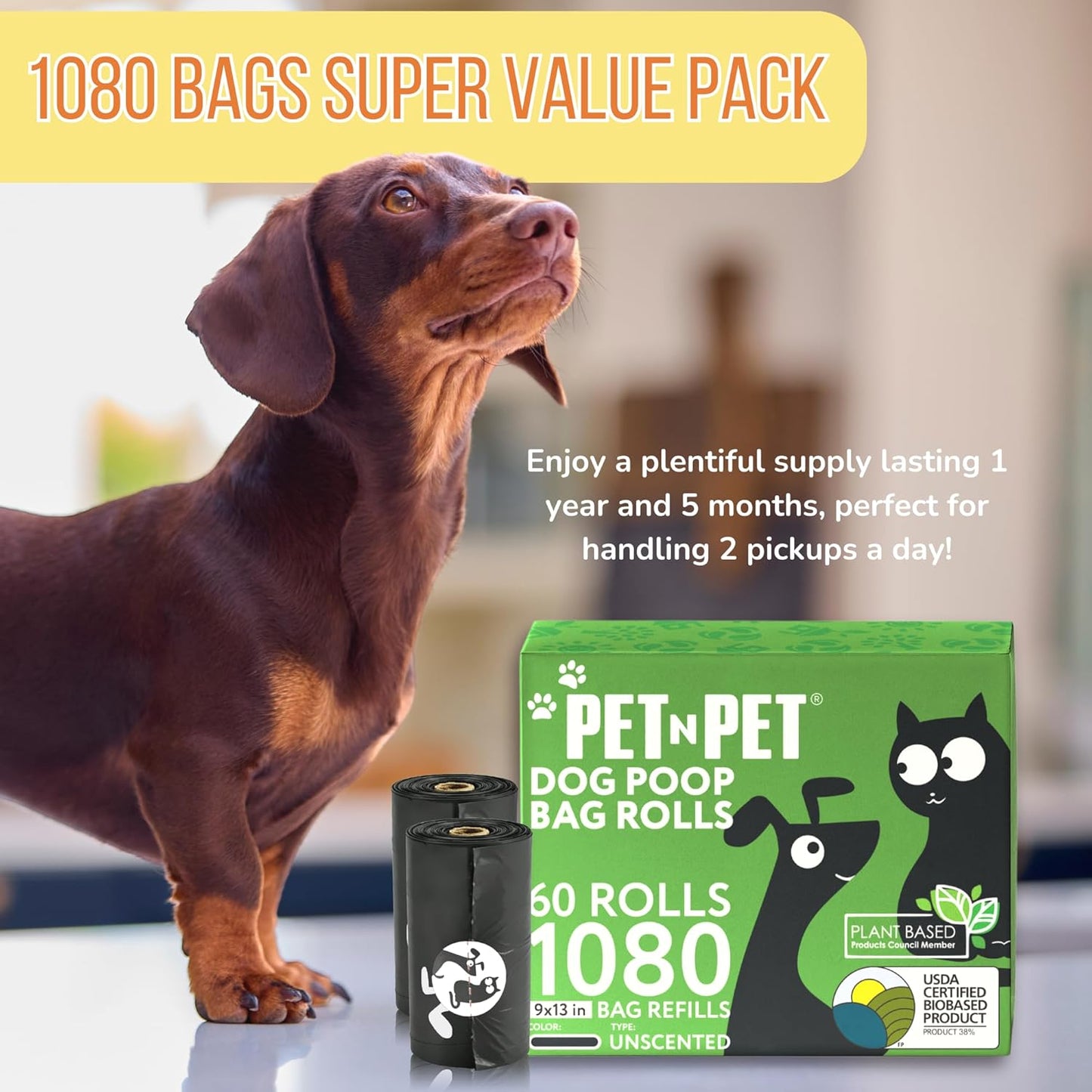 PET N PET Dog Poop Bag USDA Certified 38% Biobased Poop Bags 1080 Counts + 100% Plant Based Dog Wipes for Paws and Butt, 100 Counts Dog Pet Wipes, 8" x 8" Hypoallergenic Unscented Dog Wipes