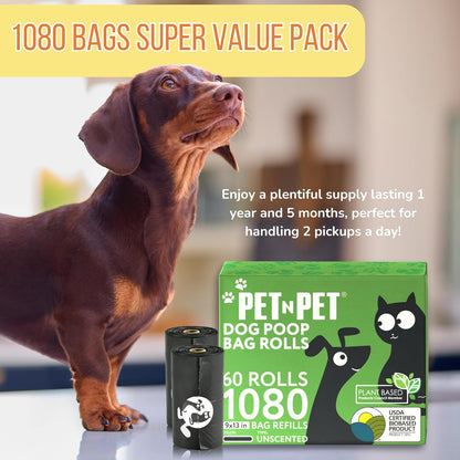 PET N PET Dog Poop Bag USDA Certified 38% Biobased Poop Bags 1080 Counts + 100% Plant Based Dog Wipes for Paws and Butt, 100 Counts Dog Pet Wipes, 8" x 8" Hypoallergenic Unscented Dog Wipes