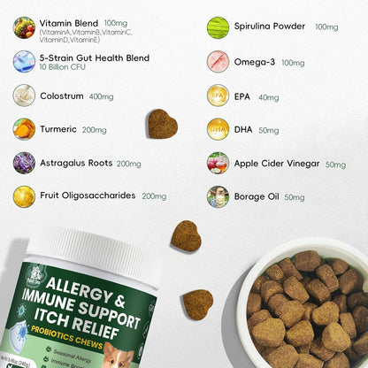Probiotics for Dogs, Improve Itchy Skin Itchy Ears, Yeast Balance, Immune Support, Dog Probiotics (10 Billion CFU) for Dog Skin & Cost Care, Allergy Relief Chews + Vitamins Blend (120 Ct) Chicken