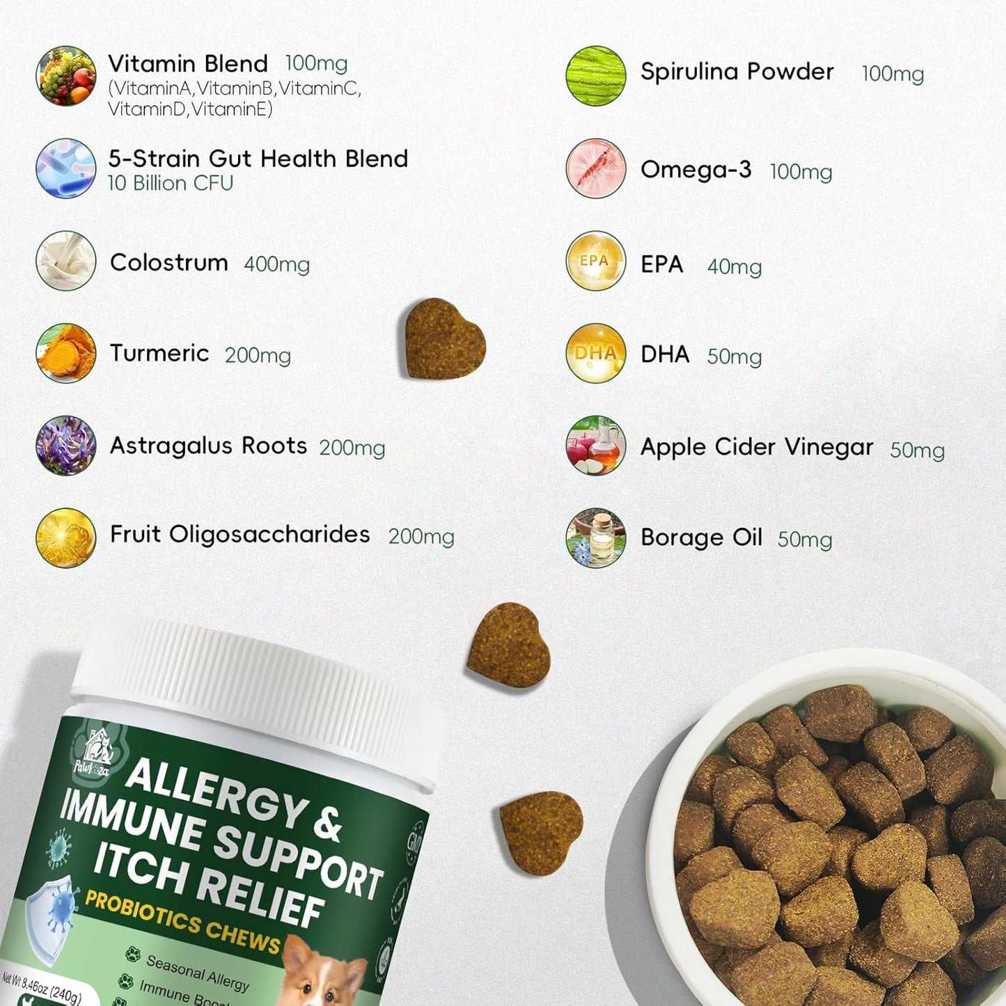 Probiotics for Dogs, Improve Itchy Skin Itchy Ears, Yeast Balance, Immune Support, Dog Probiotics (10 Billion CFU) for Dog Skin & Cost Care, Allergy Relief Chews + Vitamins Blend (120 Ct) Chicken